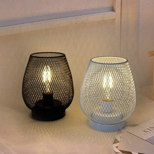 Retro iron art table lamp with hollowed out birdcage design and glass shade