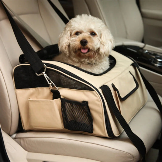 Quilted fabric pet car seat bag with breathable mesh for small cats and dogs