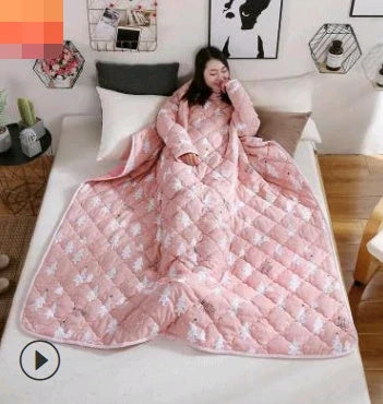 Cozy quilted lounger with sleeves in various colors and sizes, perfect for year-round indoor comfort and relaxation.