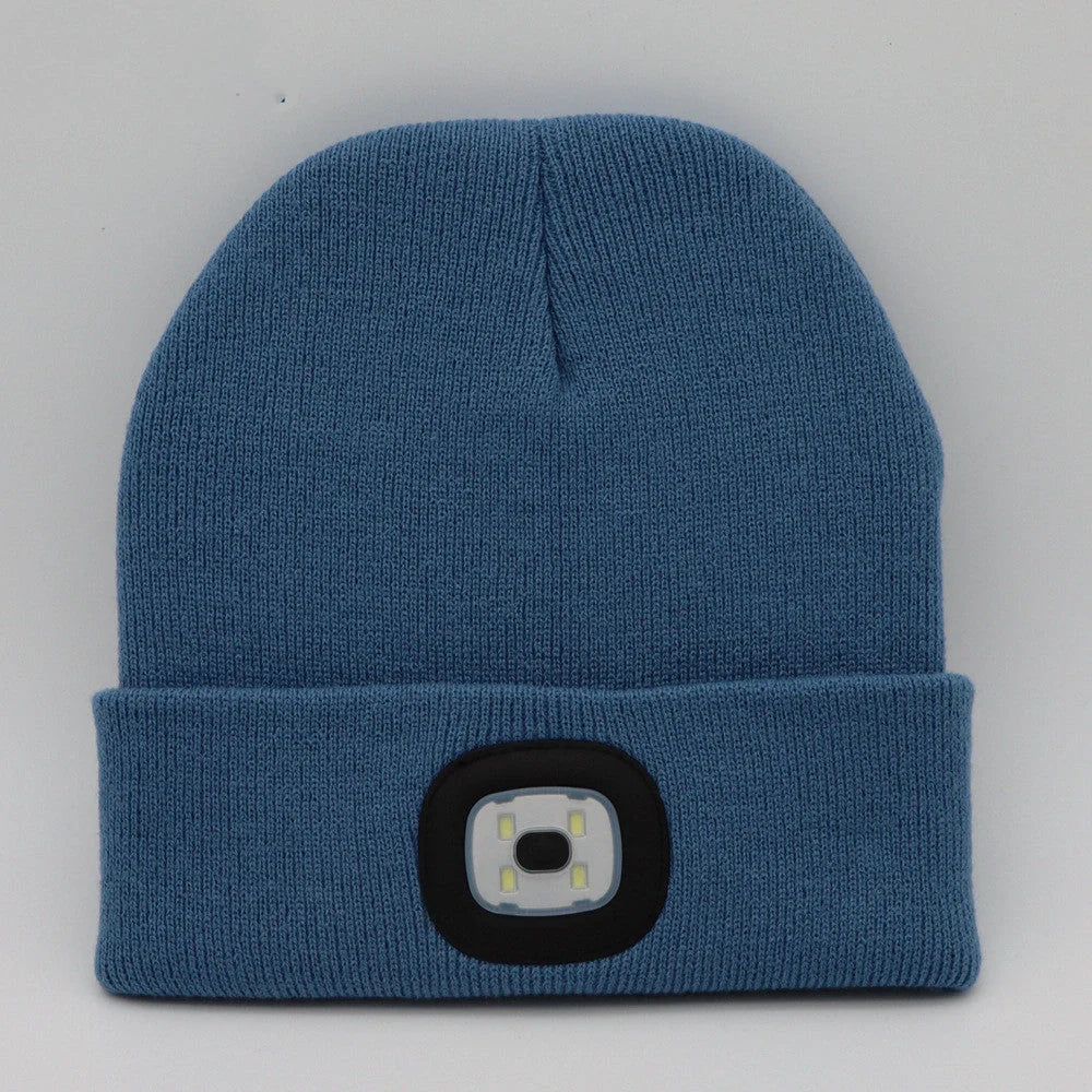 LED Knit Hat with built-in light for night visibility, made from 100% wool