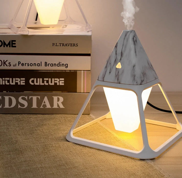 Portable USB air humidifier with night light in white, marble, and wood grain finishes
