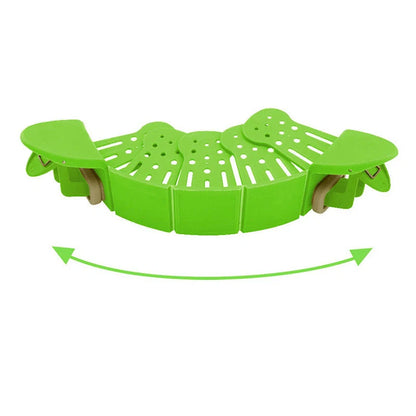 Universal Silicone Clip-on Pan Pot Strainer in purple and green, showcasing its compact design and clip mechanism