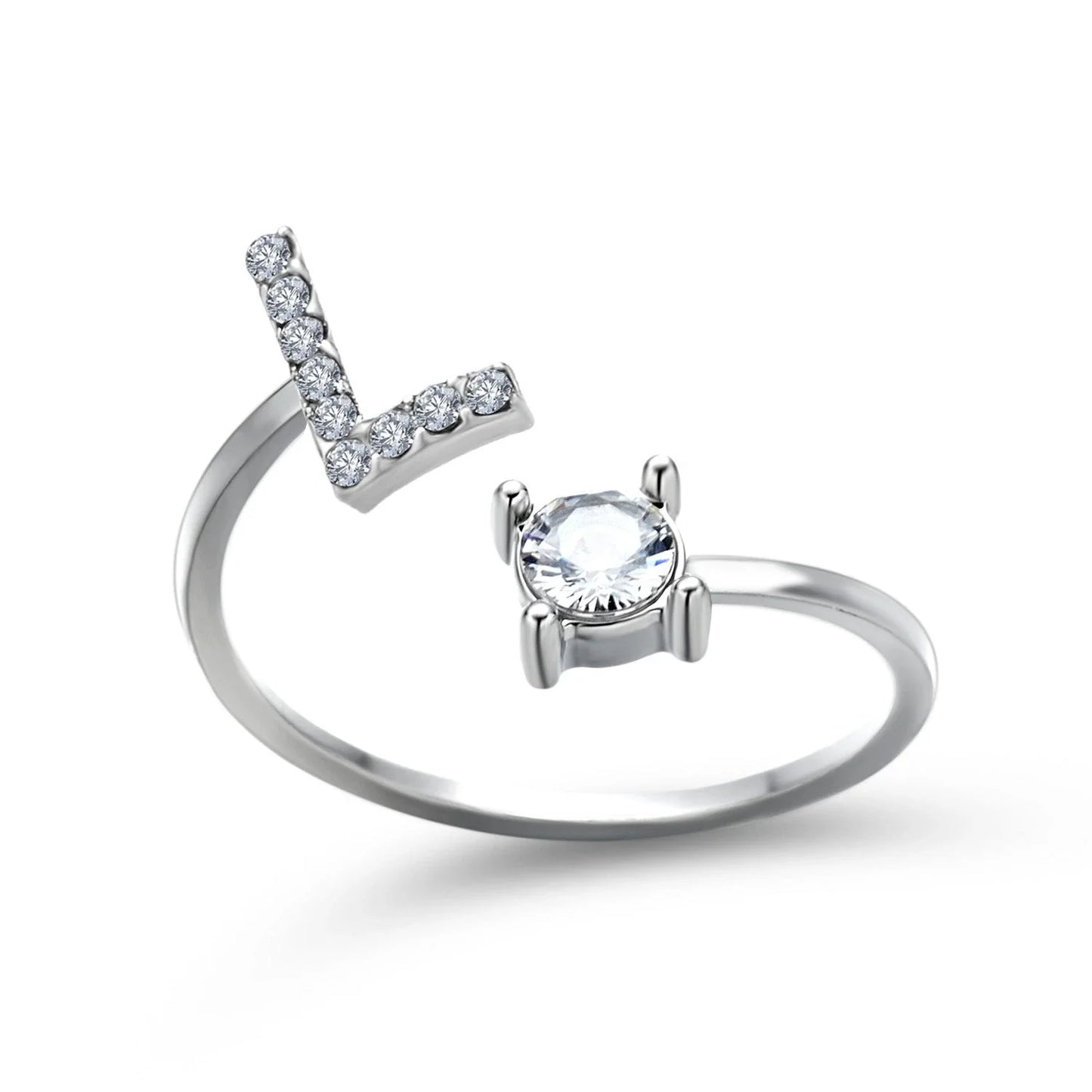 Customizable adjustable ring with 26 letters for women, featuring zircon stones and copper alloy construction