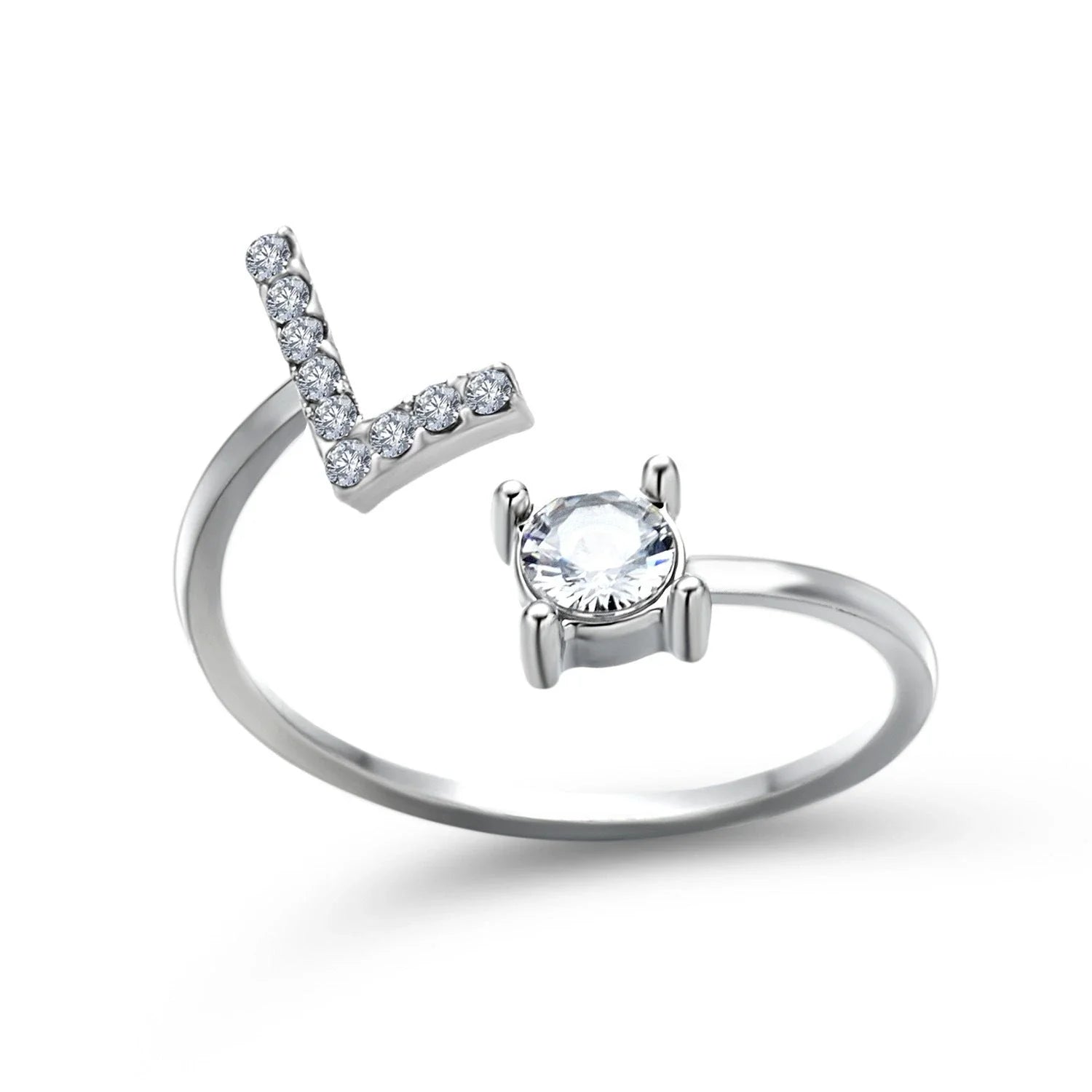 Customizable adjustable ring with 26 letters for women, featuring zircon stones and copper alloy construction
