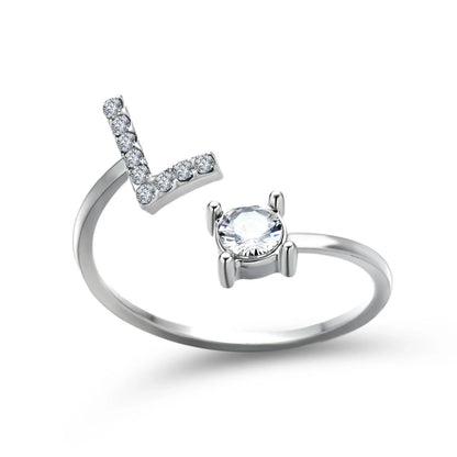 Customizable adjustable ring with 26 letters for women, featuring zircon stones and copper alloy construction