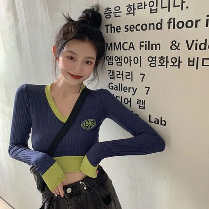 Stylish knitted jumper with V-neck, slim fit, and contrast stitching details
