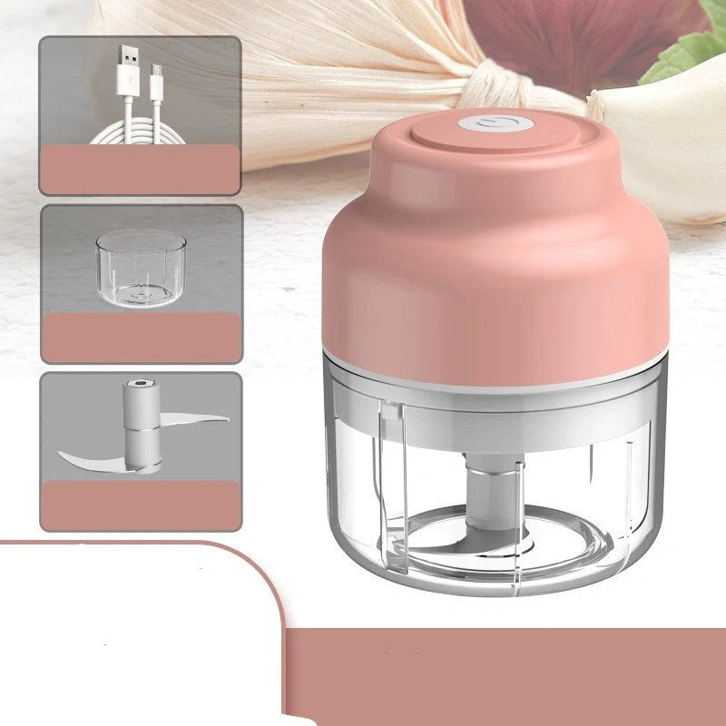 Baby Mini Cooking Machine Electric Garlic Masher in green, pink, and yellow