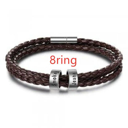 Personalized Leather Bracelet with Engraved Name Charm in Black and Brown Colors