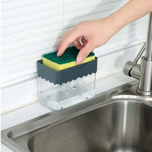 Sleek 2-in-1 soap dispenser and sponge caddy with push-button operation, modern design, and large 380ml capacity