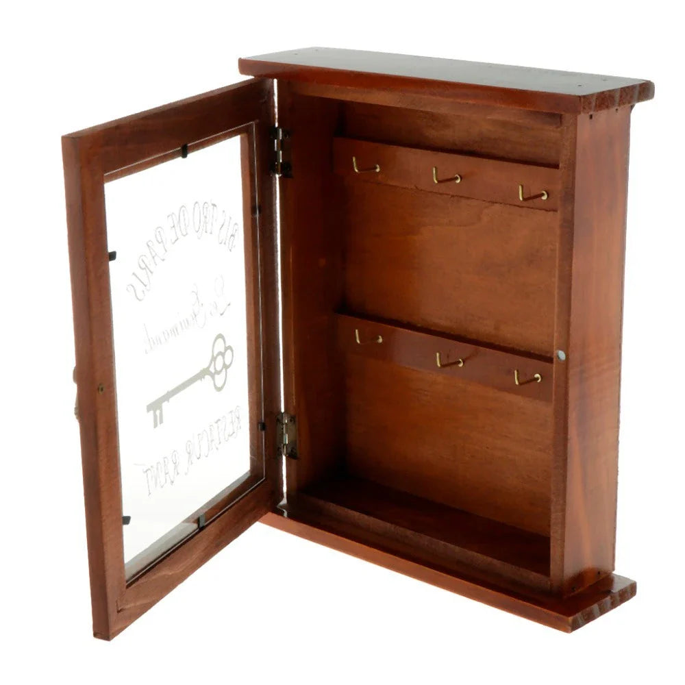 Vintage-style wooden key cabinet with six hanging hooks, offering a compact and stylish storage solution for your keys and small items.