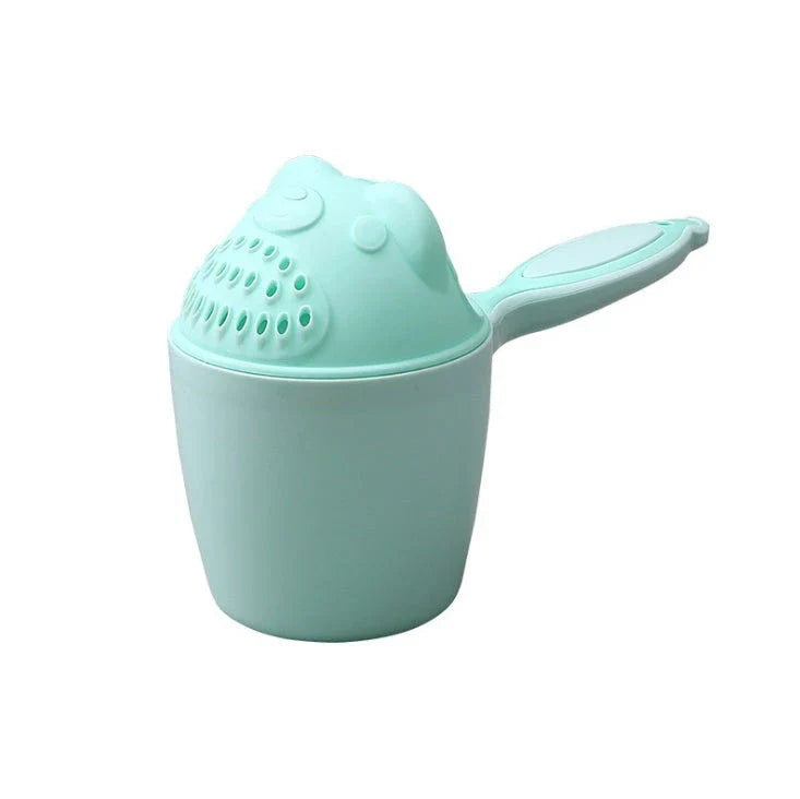 Shampoo rinse cup for baby bath time with comfortable handle and bright, colourful design