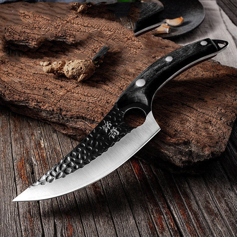 Forged stainless steel boning knife with ergonomic handle and leather sheath