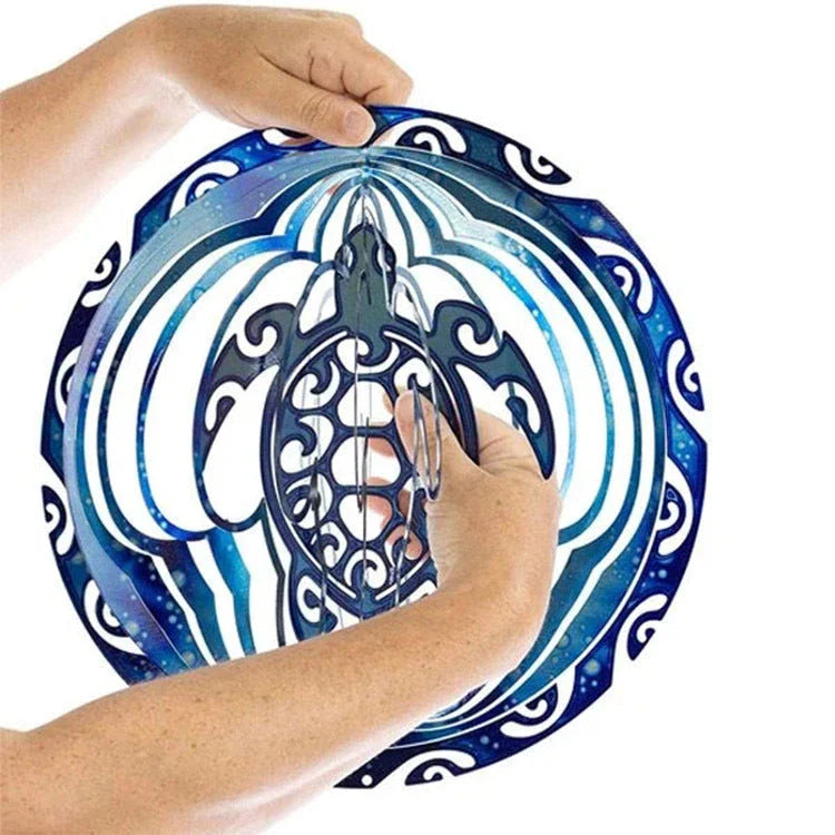 Elegant blue ocean turtle wind chime with shimmering metal blades and reflective paint, creating a captivating outdoor decoration