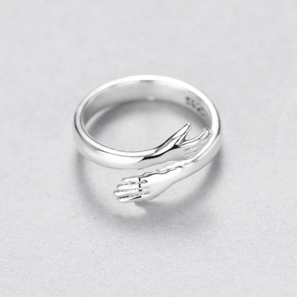 Adjustable love hug couple ring in brass and white steel, men's 18mm, women's 16mm