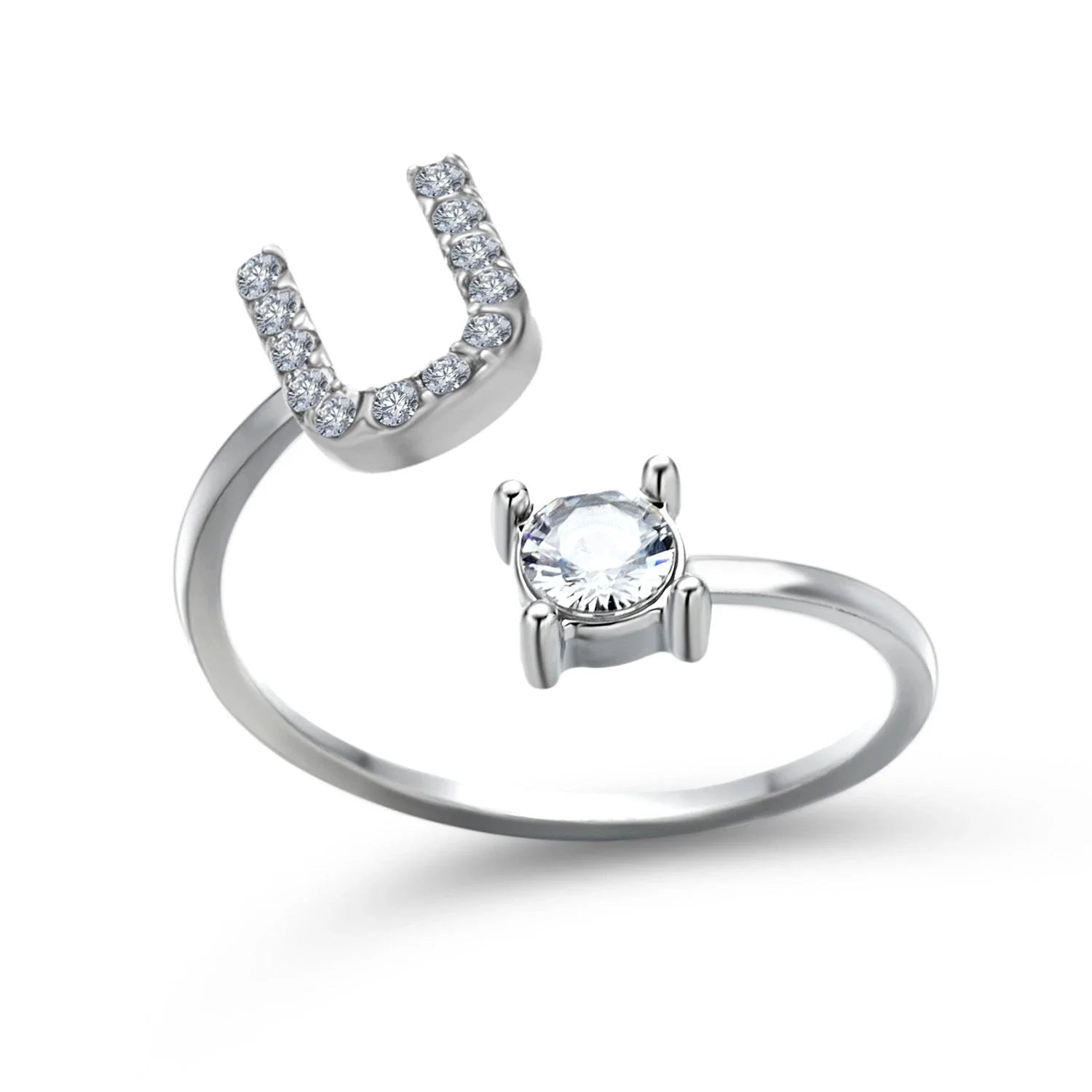 Customizable adjustable ring with 26 letters for women, featuring zircon stones and copper alloy construction
