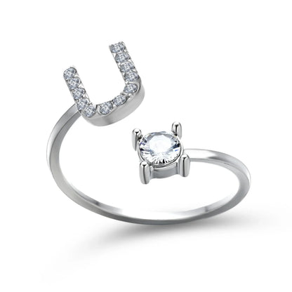 Customizable adjustable ring with 26 letters for women, featuring zircon stones and copper alloy construction