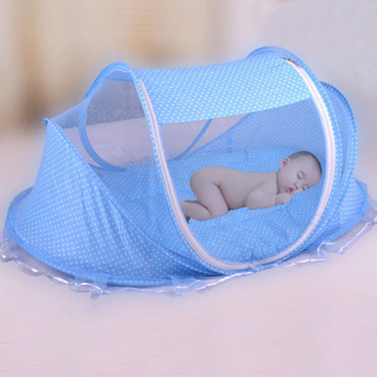 Foldable baby mosquito net bed with soft mattress and pillows, providing a safe and comfortable sleeping environment for infants and toddlers.