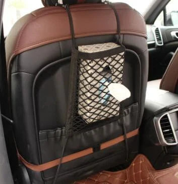 A versatile car backseat organizer with an elastic storage net that expands to fit different vehicle models