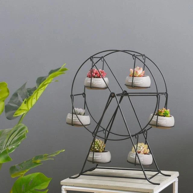 Ferris Wheel stand with 6 cement succulent plant pots for compact plant display