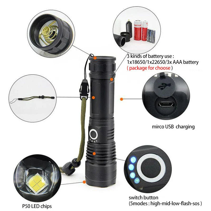 A durable, waterproof USB rechargeable flashlight with adjustable zoom and powerful LED light.