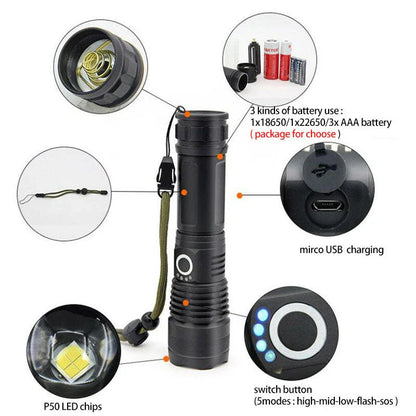 A durable, waterproof USB rechargeable flashlight with adjustable zoom and powerful LED light.