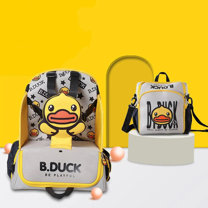 Multifunctional baby bag with portable child dining chair in yellow, perfect for parents travelling with babies