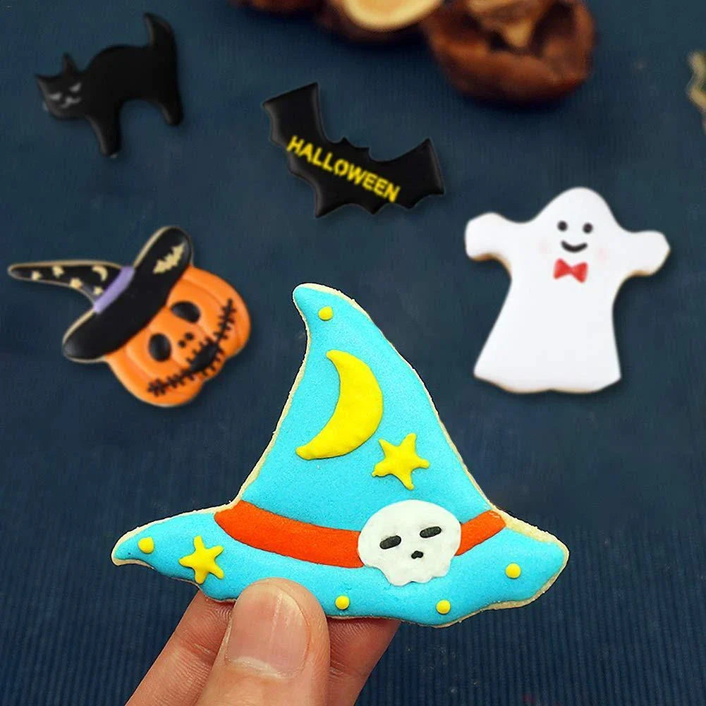 High-quality stainless steel Halloween-themed biscuit/cookie cutters in various spooky shapes like pumpkins, bats, cats, and skulls