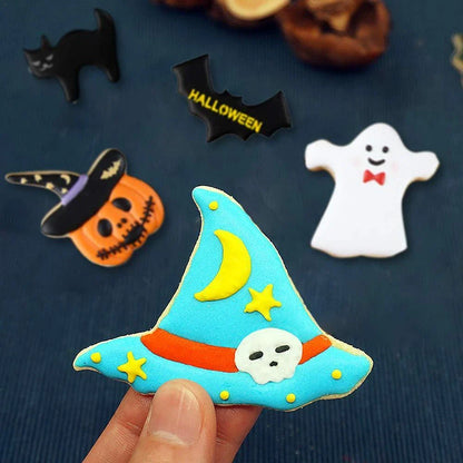 High-quality stainless steel Halloween-themed biscuit/cookie cutters in various spooky shapes like pumpkins, bats, cats, and skulls