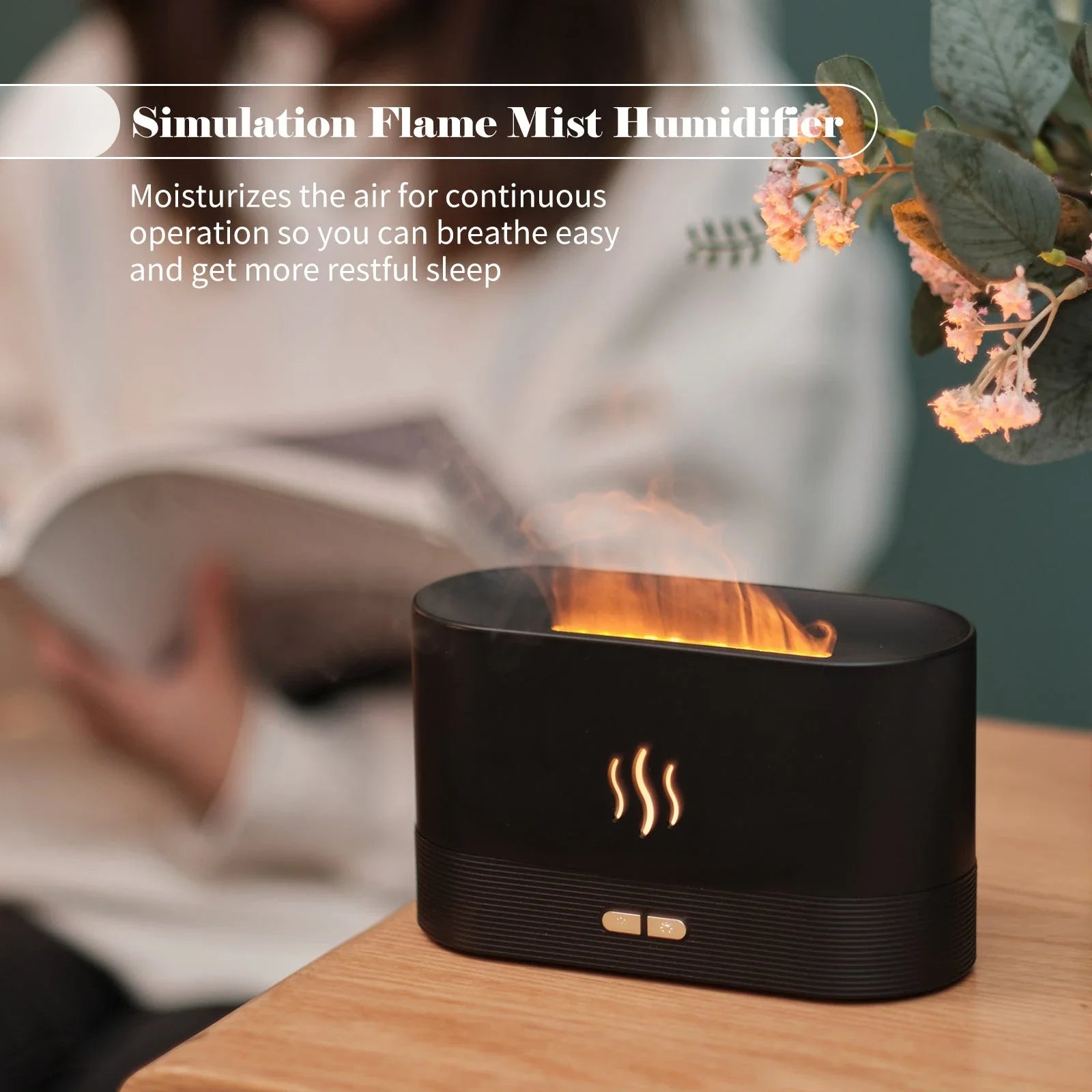 Elegant mist diffuser with realistic flame effect, designed for relaxation and aromatherapy in home, office, or yoga studio