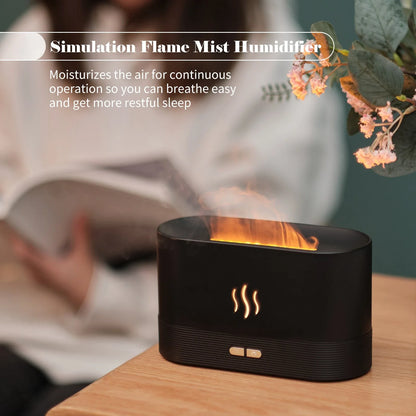 Elegant mist diffuser with realistic flame effect, designed for relaxation and aromatherapy in home, office, or yoga studio