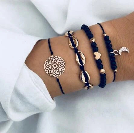 Bead Chain Bracelet Set featuring star and moon design in alloy material