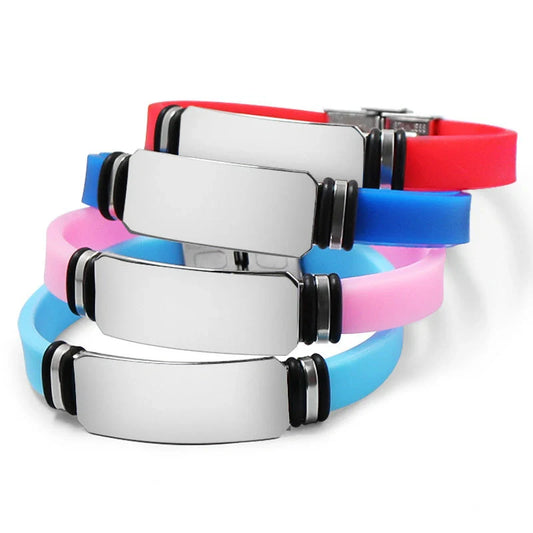 Custom engraved silicone bracelet with stainless steel accents in various colours