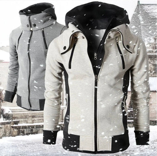 Men's zip-up hooded jacket with touchscreen functionality, available in light grey, white, dark grey, and beige white colors