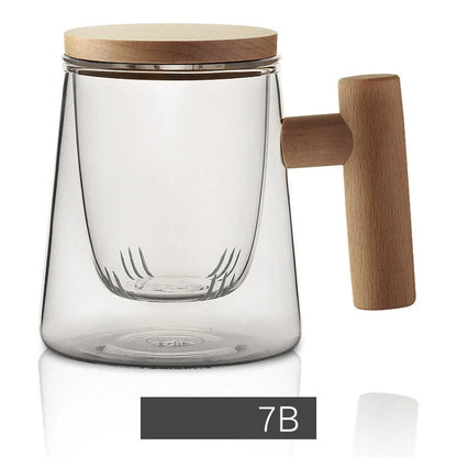 Premium borosilicate tea infuser cup with natural walnut handle, available in various sophisticated colour options