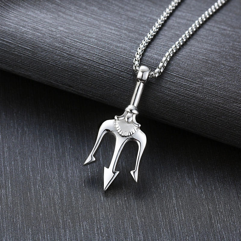 Men's Poseidon Trident Pendant Necklace in titanium steel, available in three colours.