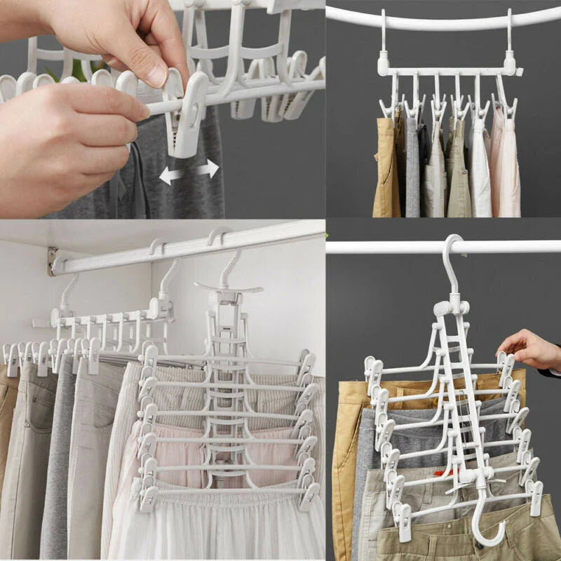 A white plastic hanging rack designed to maximise closet storage space by allowing users to vertically stack their clothes and accessories.