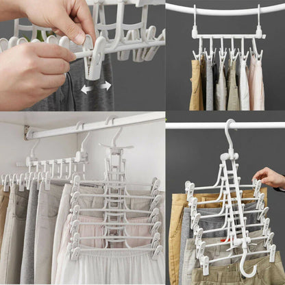 A white plastic hanging rack designed to maximise closet storage space by allowing users to vertically stack their clothes and accessories.