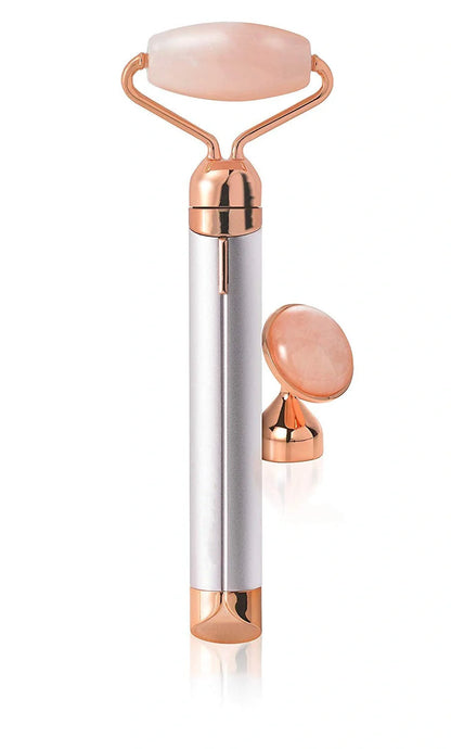 Electric Vibrating Natural Rose Quartz Jade Facial Roller with facial roller and under eye press attachments