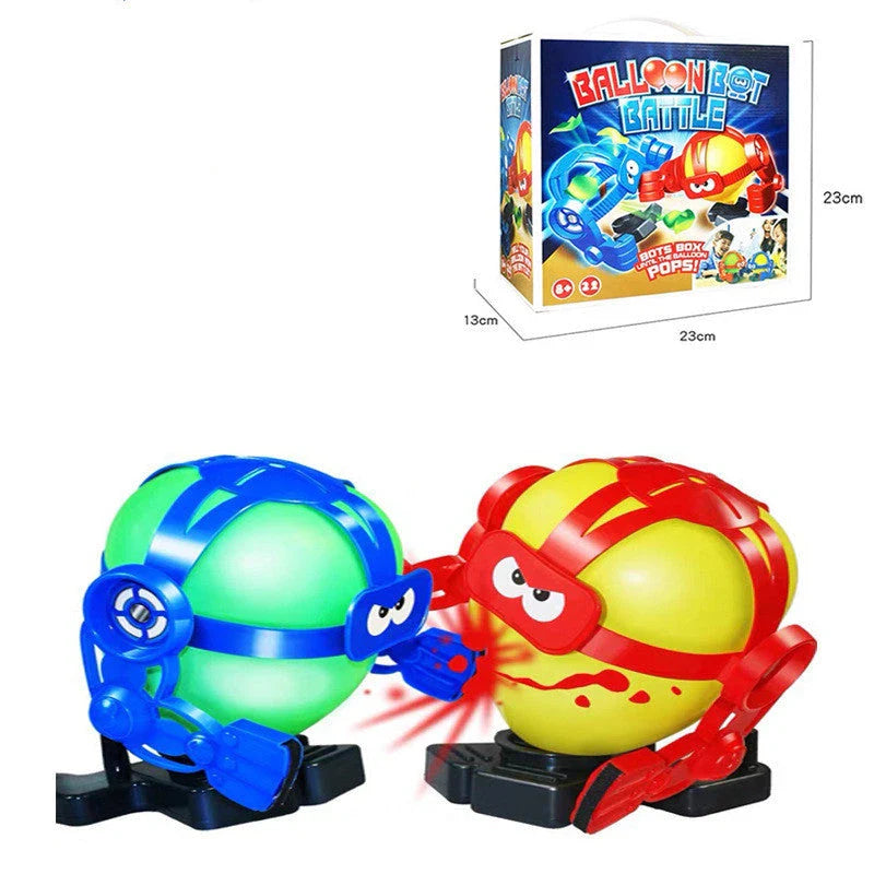Two interactive balloon battling robots with detachable goggles, ready to engage in a competitive balloon-popping showdown.