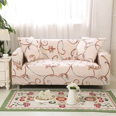 Stretchable geometric print sofa cover on a three-seater sofa