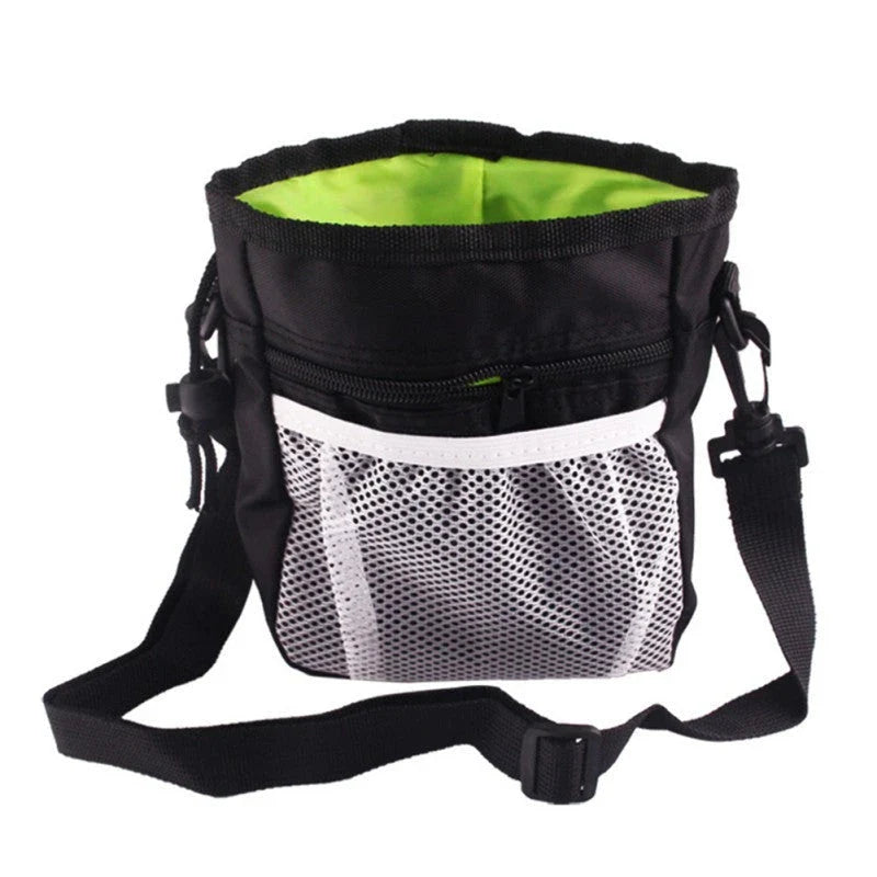 Durable dog walking pouch with drawstring pocket, adjustable belt buckle, and spacious design for carrying essentials