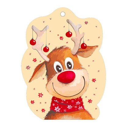 Festive car ornament hanging from rearview mirror with Christmas designs
