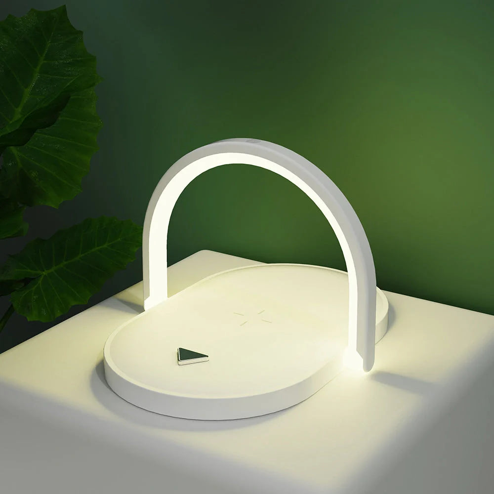 Foldable Wireless Charger with adjustable LED night light in white, black, green, and wood grain