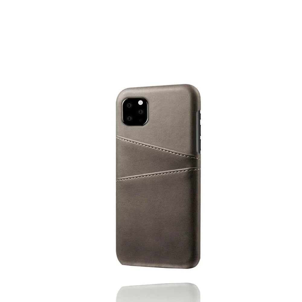 Stylish double card slot protective iPhone case with geometric pattern design, available in various color options