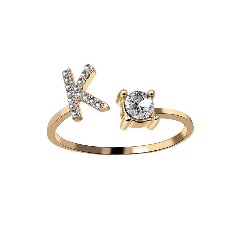 Customizable adjustable ring with 26 letters for women, featuring zircon stones and copper alloy construction