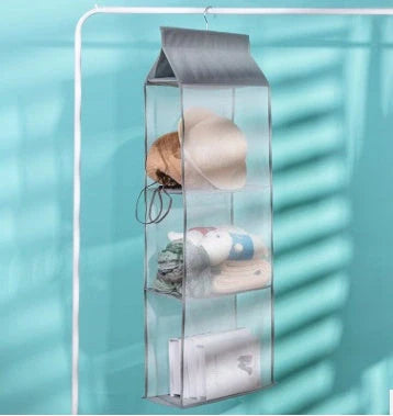 Foldable hanging multi-layer sundries storage rack in grey and beige