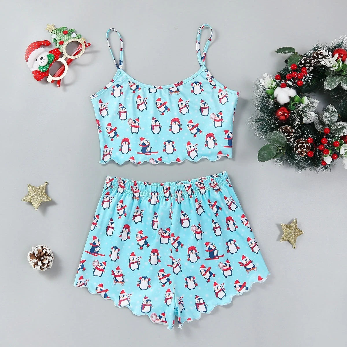 Women's Christmas-themed thin milk silk pajamas set with festive designs