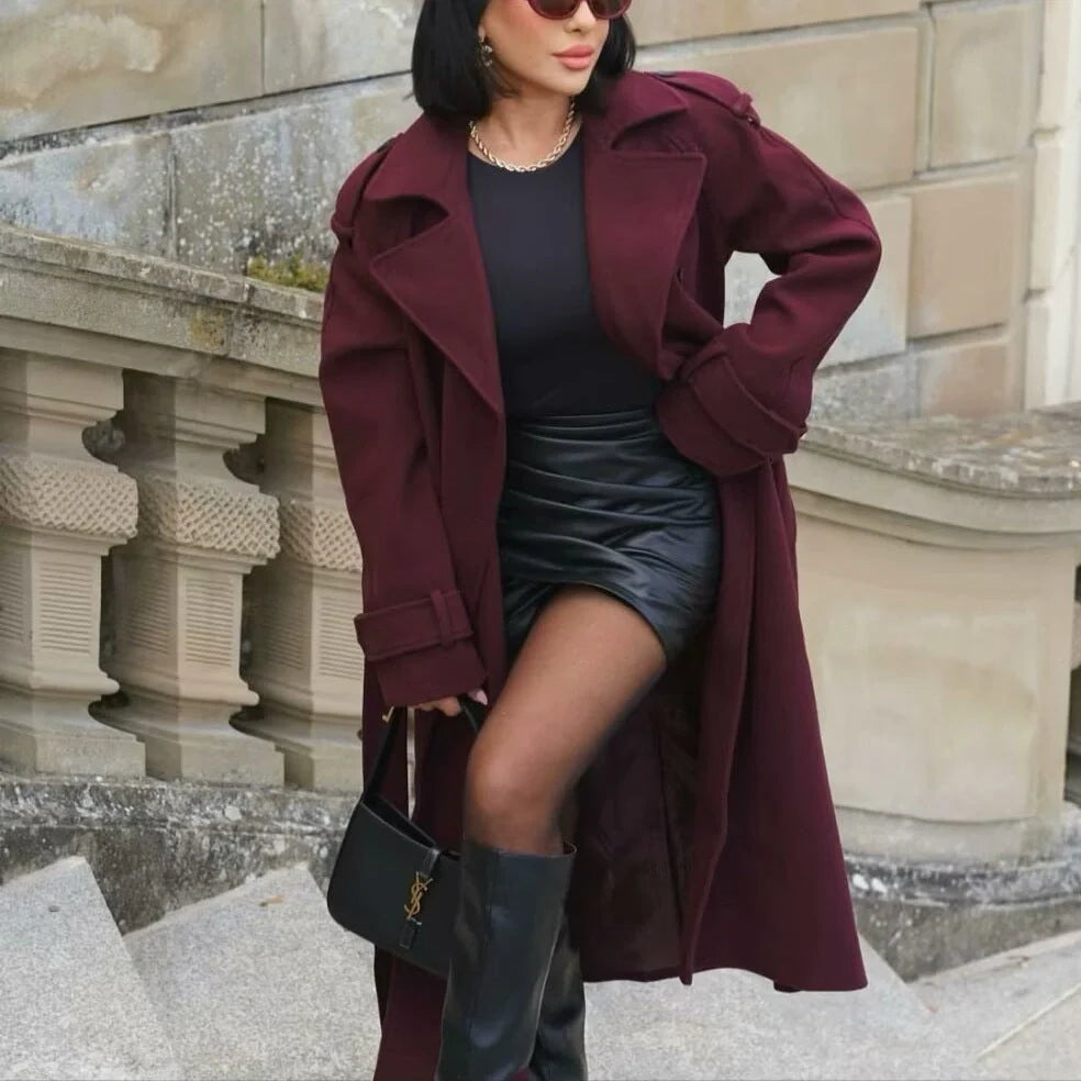 Women's wine red double-breasted woolen trench coat with belt, perfect for winter