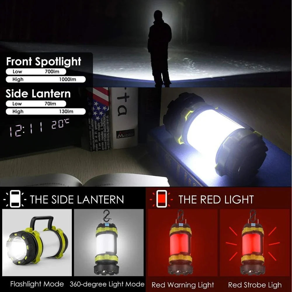 Versatile outdoor camping torch with rechargeable battery, dual lighting modes, and integrated power bank