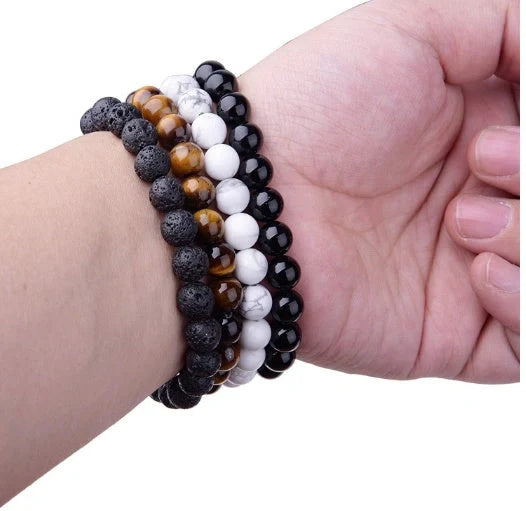 Black Onyx Bracelet with geometric design and elastic cord